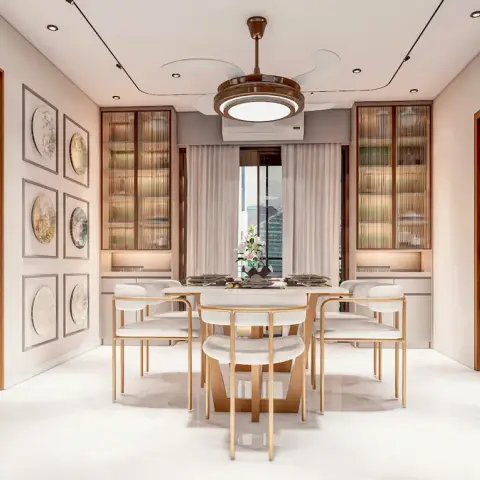 Dining room render with a marble floor, a gold-legged six-seater dining table, glass-front crockery cabinets flanking the window