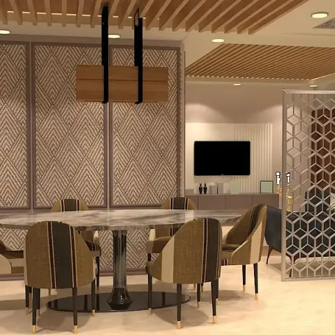 Dining room render with a round grey-marble pedestal table and eight striped-upholstery chairs under a timber-batten ceiling raft