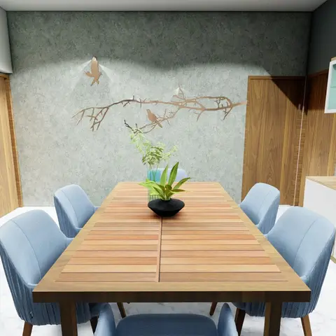 Dining room render with a wood plank-top table, six blue upholstered chairs, and a branch-and-bird metal wall sculpture on a textured accent wall.