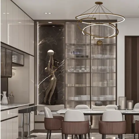 Dining room where a floor-to-ceiling reeded-glass crockery unit of stacked white china backs an eight-seater marble table