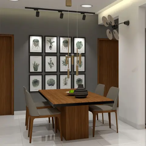 Dining room with a dark grey accent wall styled with a 12-piece botanical print gallery, a gold cluster pendant light, and a square wood dining table for six.