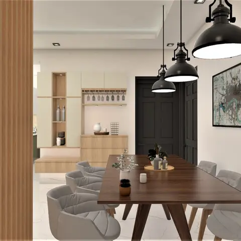 Dining room with a dark wood table, three black industrial pendant lights, grey upholstered chairs