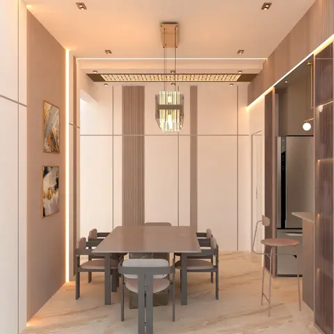 Dining room with a fluted wall panelling accent, a crystal box pendant light over a six-seater table, and a glimpse into the kitchen beyond.