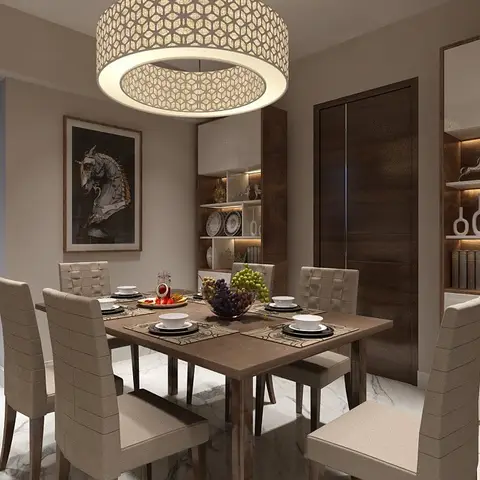 Dining room with a marble floor, a statement drum pendant chandelier over a six-seater table, and a glass-fronted crockery unit with lit display shelves.