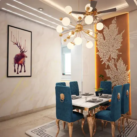 Dining room with a marble-top gold-leg table, teal tufted chairs with lion-ring pulls