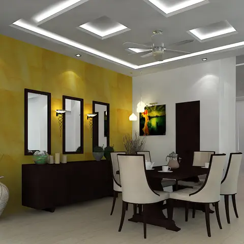 Dining room with a mustard-yellow textured accent wall, three tall mirrors above a dark wood console