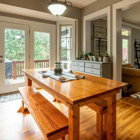 Dining room with a rustic wood farmhouse table and matching bench, a painted console dresser styled with plants, and French doors leading to a deck.