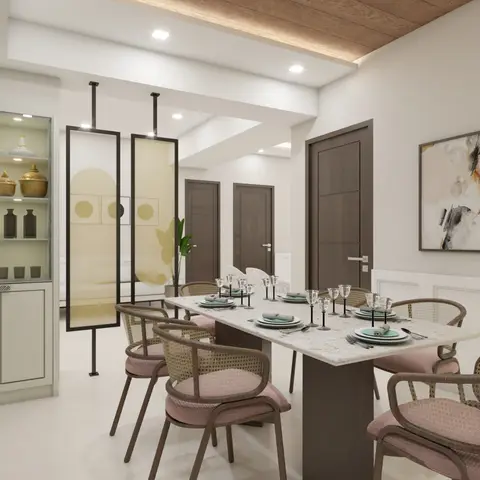 Dining room with a stone-top table surrounded by cane-back chairs in dusty pink, a glass-front crockery display cabinet