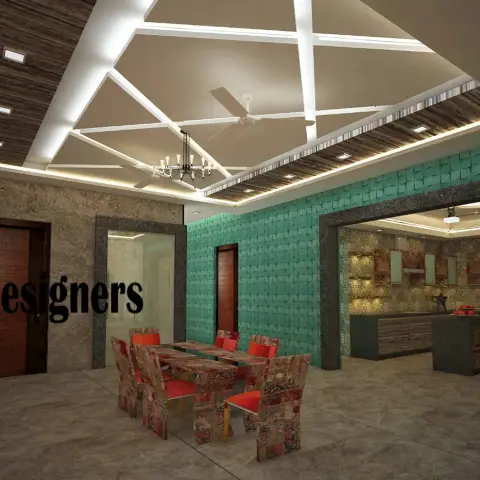 Dining room with a teal 3D-textured accent wall, a dramatic angular POP ceiling traced in linear cove lighting with a crystal chandelier