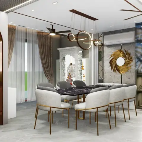 Dining room with a ten-seat grey upholstered dining set on brass-finished legs, a ring-shaped brass pendant chandelier