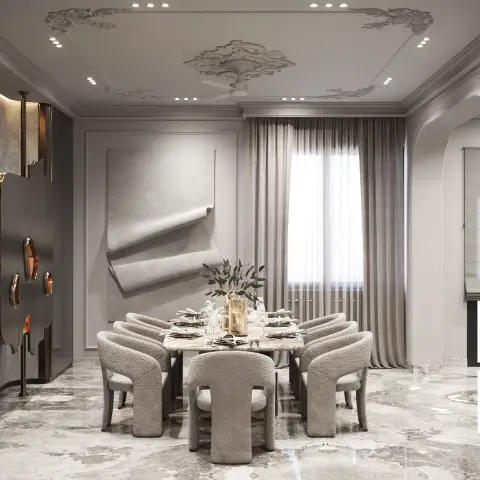 Dining room with an ornate floral relief ceiling, a sculptural paper-roll wall art piece, boucle-upholstered dining chairs around a marble table