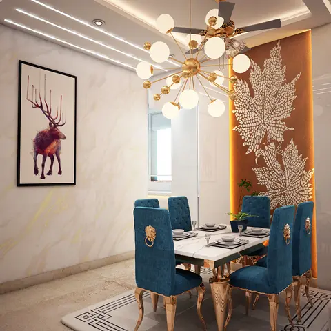 Dining room with teal velvet lion-ring chairs around a marble table, a gold sputnik chandelier, and a backlit rust leaf-pattern wall panel.