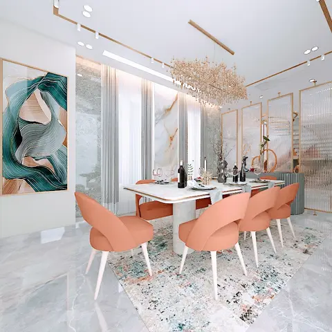 Dining room with terracotta scalloped-back chairs around a white marble table, an ornate gold crystal chandelier, a teal abstract canvas