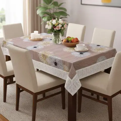 Dining table set for six with upholstered cream chairs, a floral-print tablecloth, and a sheer-curtained window in the background.