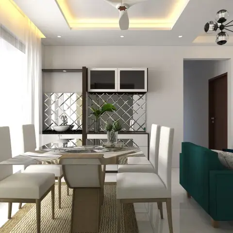 Dining zone render with a glass-top six-seater and cream high-back chairs on a jute rug