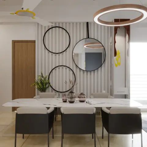 Dining zone render with a white marble-top table and charcoal-and-cream chairs against a fluted grey wall hung with three black rings and a round mirror
