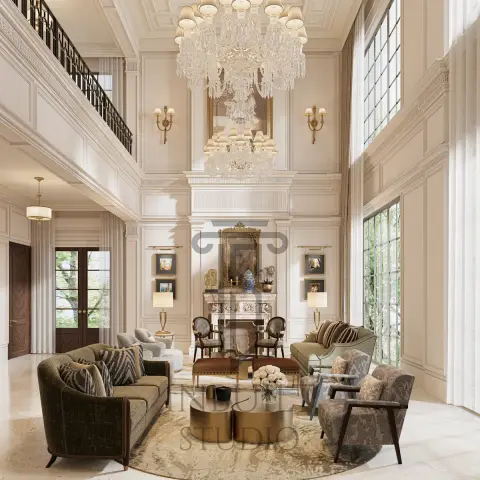 Double-height classic living room with an oversized crystal chandelier, a carved marble fireplace mantel, wall panelling up to the gallery level