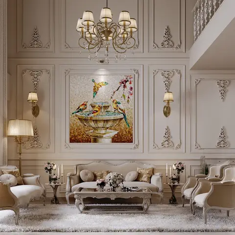 Double-height classical living room with ornate raised wall panel mouldings, a gilded crystal chandelier, a mosaic bird-and-fountain artwork