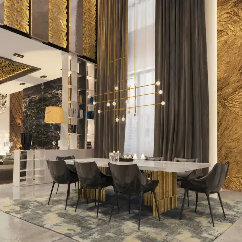 Double-height dining bay where a molten-gold textured art wall faces floor-to-ceiling taupe velvet drapes