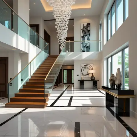 Double-height entrance foyer with a floating wood-and-glass staircase beneath a cascading bubble chandelier over black-banded marble flooring.