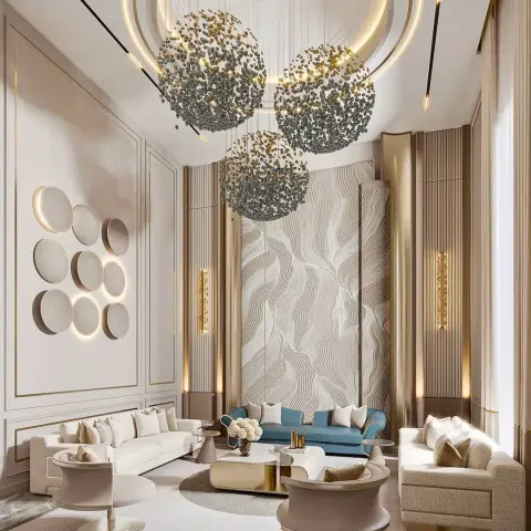 Double-height formal living room where four moss-ball chandeliers hang inside a gold-ringed circular ceiling recess