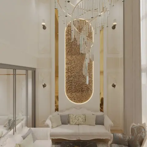 Double-height ivory drawing room render where a backlit oval of gold glass mosaic rises behind a carved cream sofa