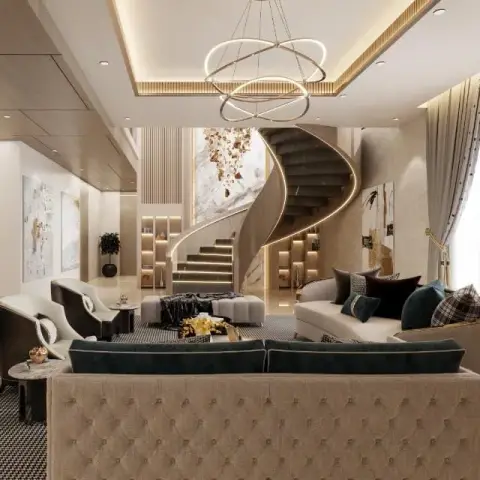 Double-height living hall with a curving stair wrapped in a continuous LED handrail against a marble slab wall, a triple-ring chandelier overhead