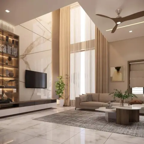Double-height living room render where a gold-veined marble TV wall with thin brass inlay lines meets a backlit display unit