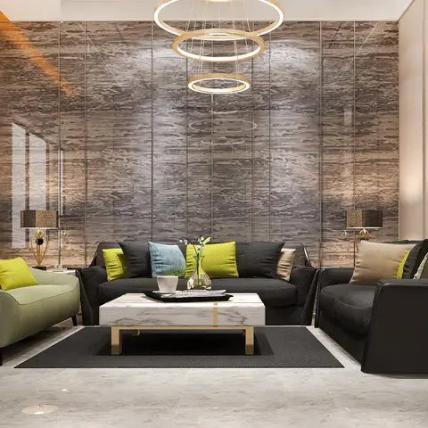 Double-height living room render with a full-wall brown travertine cladding in tall butt-jointed strips, three gold ring pendants stacked over charcoal sofas