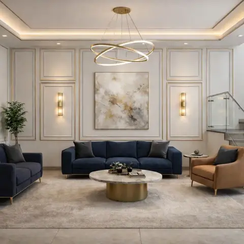Double-height living room render with gold-lined ivory wall mouldings, two navy sofas facing a tan leather armchair around a round marble-and-brass table