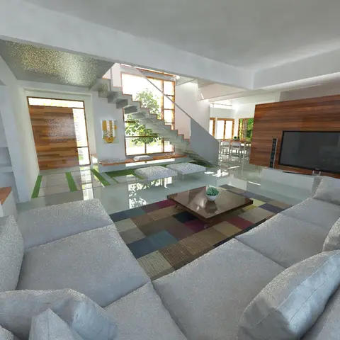 Double-height living room render with an L-shaped grey sectional sofa facing a wood-panelled TV wall, a patchwork rug