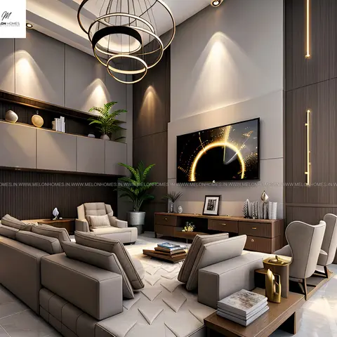 Double-height living room with a layered wood-and-taupe panelled wall, tiered ring pendant light