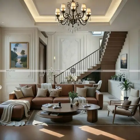 Double-height living room with a wrought-iron crystal chandelier, cove-lit tray ceiling, and a wooden staircase behind a tan leather sectional sofa.