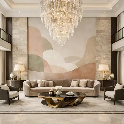 Double-height living room with a curved beige sofa facing a sculptural gold coffee table beneath a tiered crystal chandelier and a stone-clad wall with an