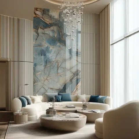 Double-height living room with a full-height blue-grey veined marble feature wall, a cascading bubble chandelier