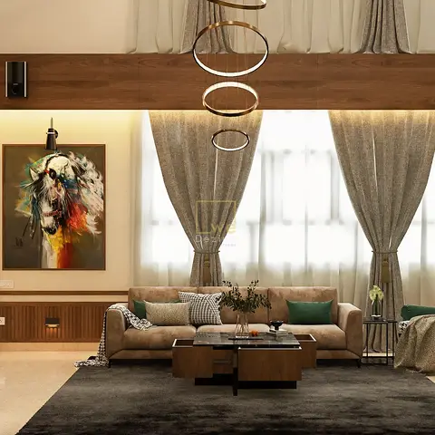 Double-height living room with a tiered brass ring chandelier over a taupe sofa and emerald wing chair, a colourful horse portrait on the side wall
