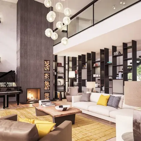 Double-height living room with a grand piano beside a ribbed timber fireplace stack set with stacked log niches