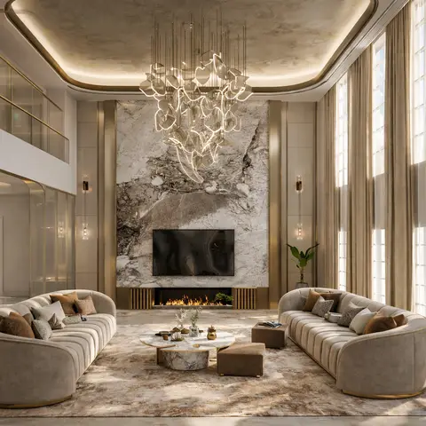 Double-height living room with a marble-clad TV and fireplace wall and two curved beige sofas facing a round coffee table
