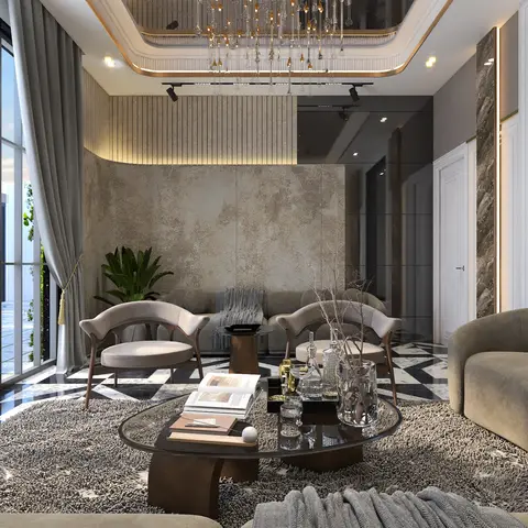 Double-height living room with a textured stone feature wall, vertical fluted wood panelling