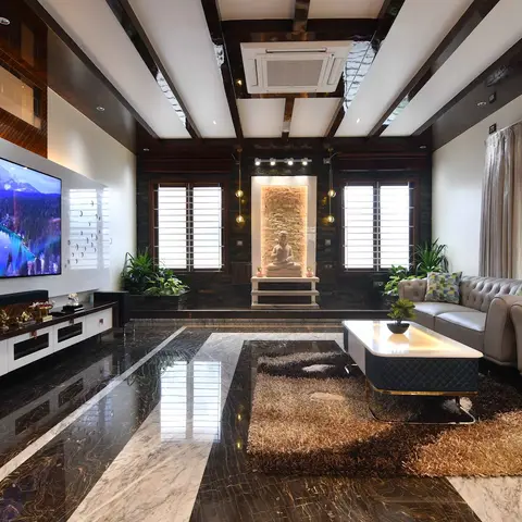 Double-height living room with a book-matched black-and-white marble floor, dark exposed-beam ceiling