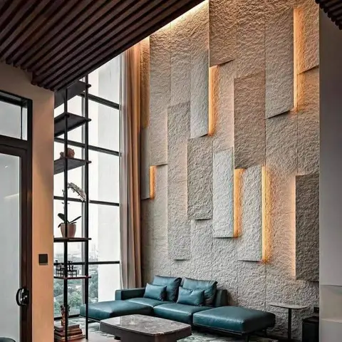 Double-height living room with a backlit textured stone accent wall, a wood slat ceiling canopy