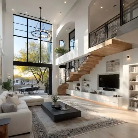 Double-height living room with a floating wood-and-steel staircase, black-framed floor-to-ceiling windows