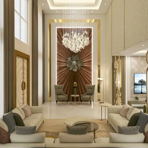 Double-height living room with a radiating wood sunburst feature wall topped by a cascading crystal chandelier