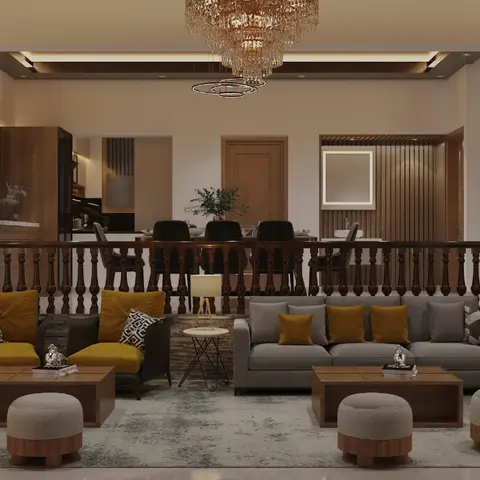 Double-height living room with a grey L-shaped sectional and mustard velvet armchairs around twin wood coffee tables, a crystal chandelier overhead