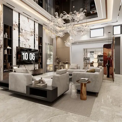 Double-height living room with a cluster of flower-shaped crystal pendant chandeliers, a marble-clad TV wall with dark wood shelving