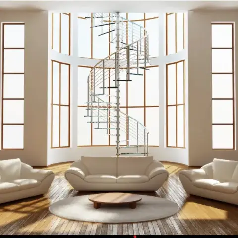Double-height living room with a spiral staircase in a curved bay window, and three cream leather sofas arranged around a round wood coffee table.