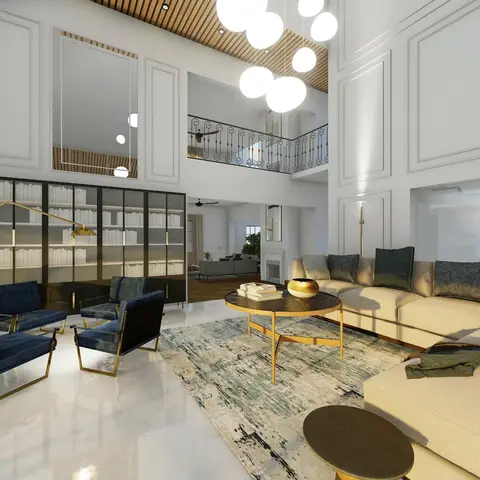 Double-height living room with panelled white walls, a wood-slat ceiling, a wrought-iron balustraded mezzanine