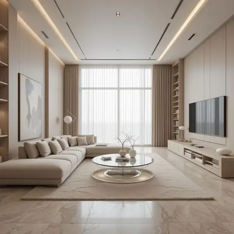 Double-height minimalist living room with a large beige sectional sofa, a round glass coffee table on a plush rug, floor-to-ceiling sheer curtains