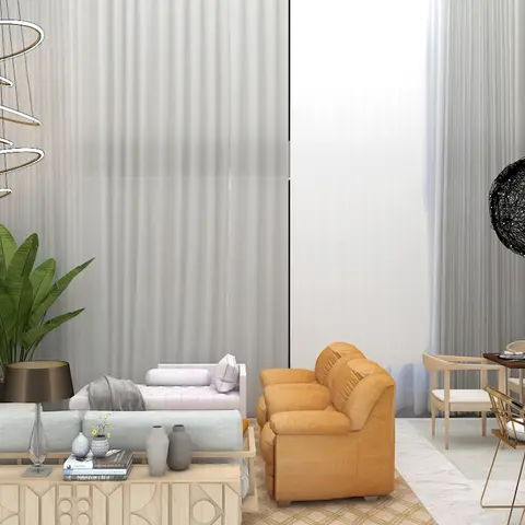 Double-height open-plan living and dining space with a spiral ring chandelier, a mustard leather armchair, a light-wood console