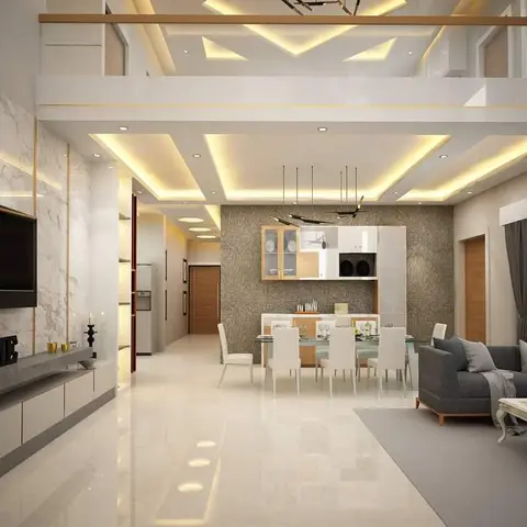 Double-height open-plan living, dining and kitchenette with a fluted-wood and marble TV feature wall, under a geometric cove-lit false ceiling.